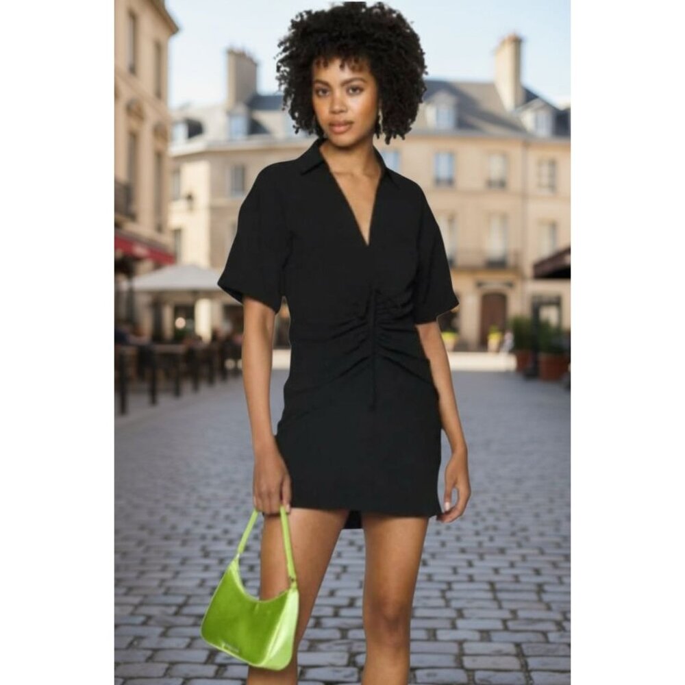 NOISY MAY Women NMellen s/s Ruching Polo Black Dress MEDIUM